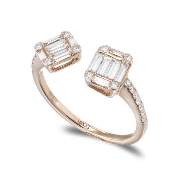 Anel de diamante Electra 0,65 You and Me em ouro rosa - Baguette de escultura