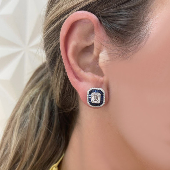 Square Seal Diamond Sapphires Earrings - High jewelry