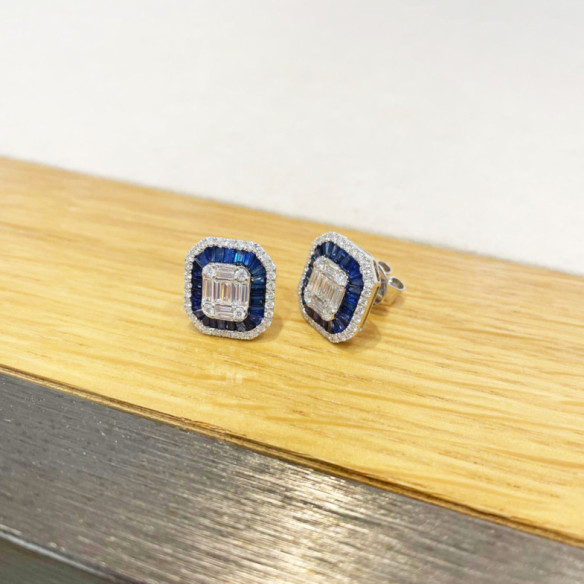 Square Seal Diamond Sapphires Earrings - High jewelry