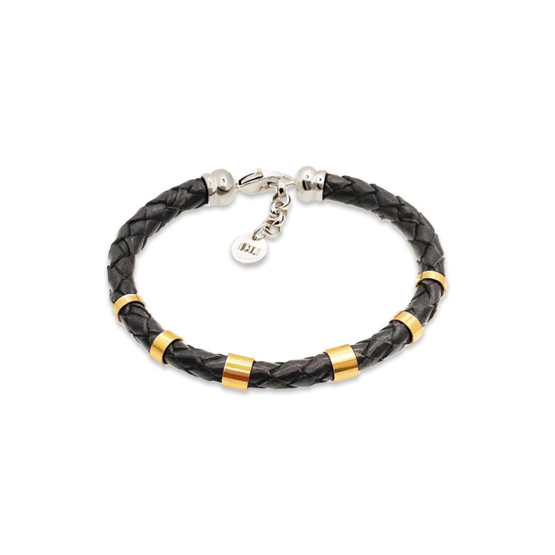 Pulsera Hombre Cuero Oro Plata Teseo 6mm - Pulseras de Hombre