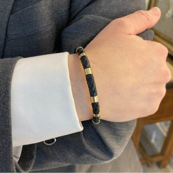 Pulsera Hombre Cuero Oro Plata Teseo 6mm - Pulseras de Hombre