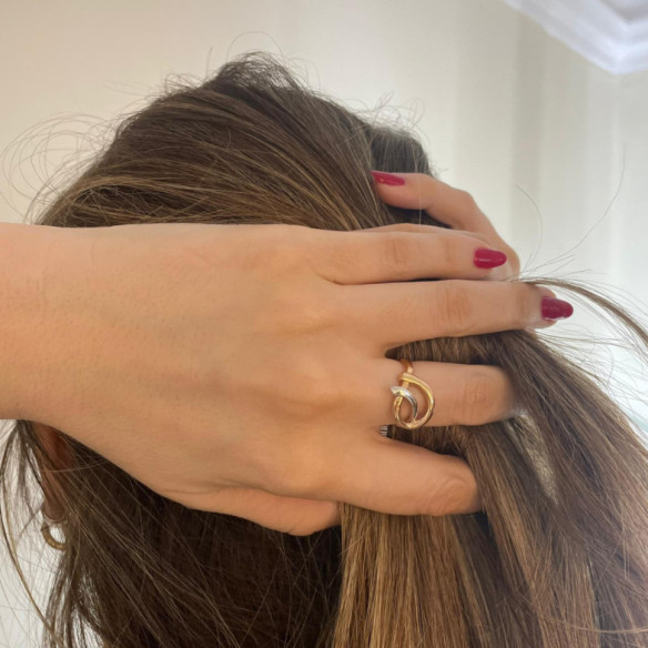 Anillo Oro Escultural Fina Onda Latigo Concava Oro Rosa y Blanco - Anillos de Oro Sin Piedras