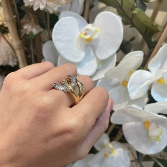 Anillo Oro Escultural Doble Banda Nudo Oro Amarillo y Blanco - ANILLOS