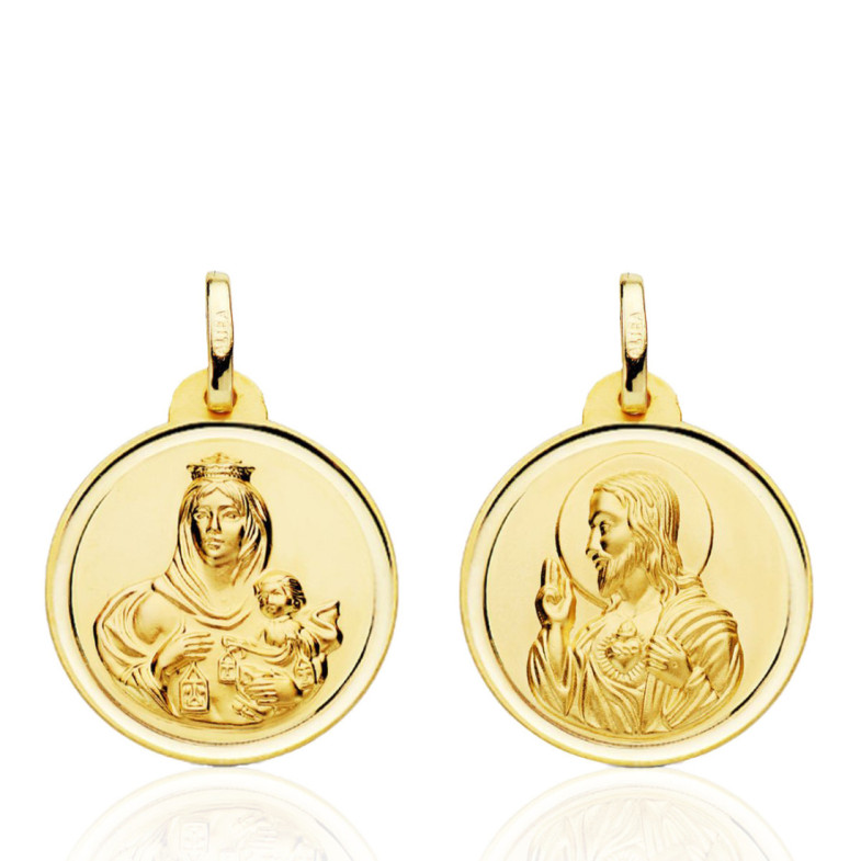 Escapulario 20Mm Virgen Del Carmen Y Corazón De Jesús Bisel 18K - Medaglie scapolari