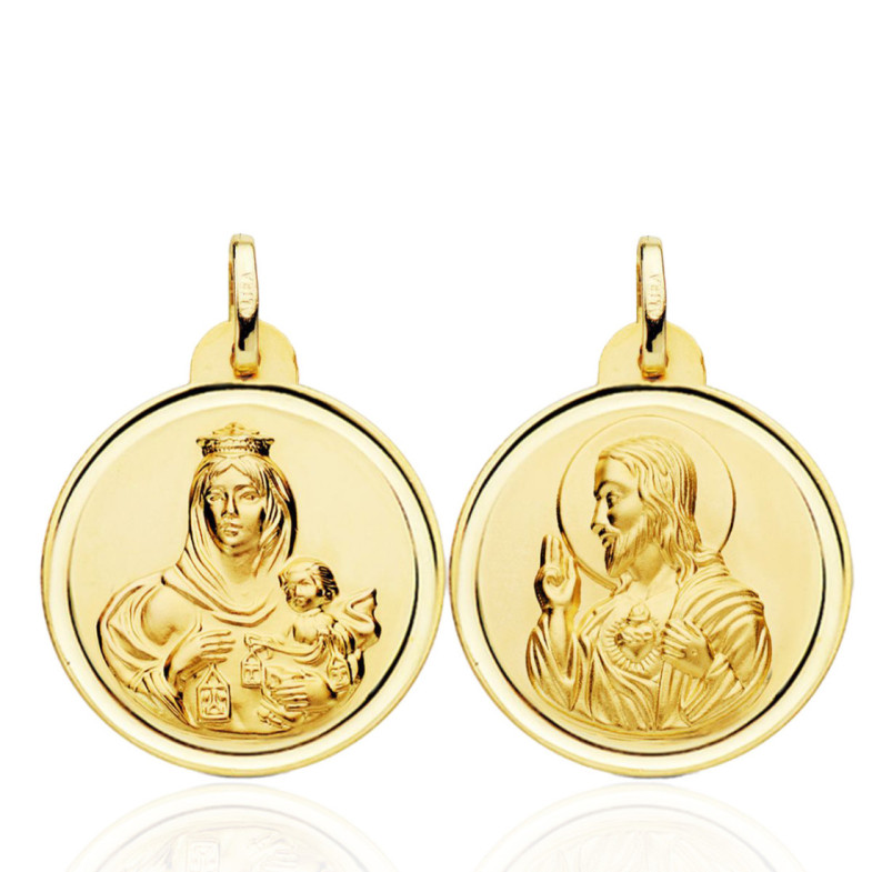 Escapulario 24Mm Virgen Del Carmen Y Corazón De Jesús Bisel 18K - Medallas Escapularios