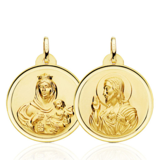 Escapulario 26Mm Virgen Del Carmen Y Corazón De Jesús Bisel 18K - Médailles scapulaires