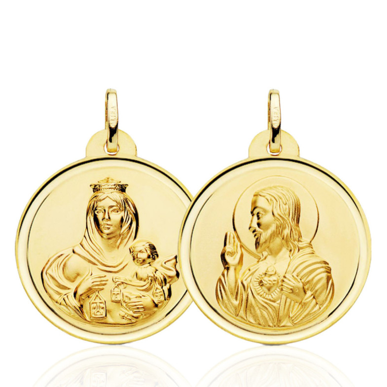 Escapulario 26Mm Virgen Del Carmen Y Corazón De Jesús Bisel 18K - Medaglie scapolari