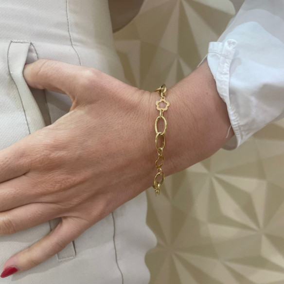 Pulsera Oro Amarillo Eslabones Flor Hueca - Pulseras de Oro Sin Piedras