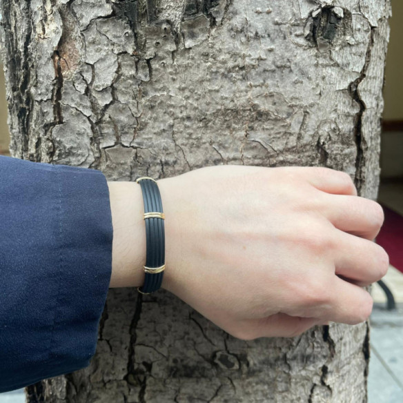 Pulsera Oro y Caucho Unisex Bóveda Gallón Doble 12mm - Brazaletes de Oro