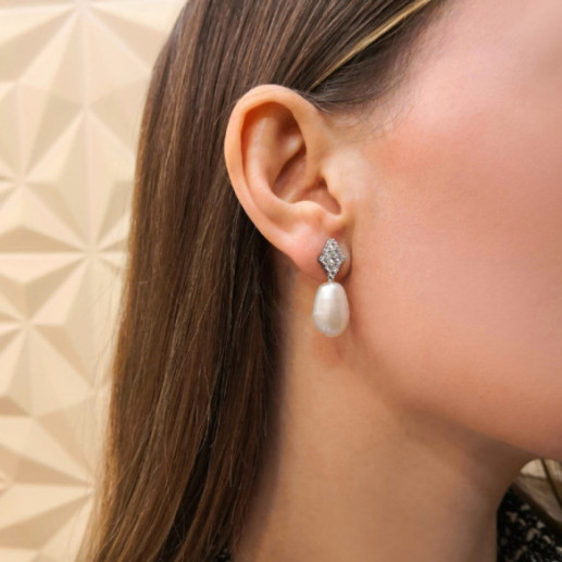 Pendientes Diamantes Y Perlas Rombo - Pendientes de Perlas 2