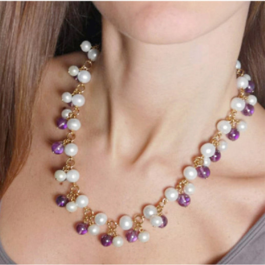 Perlen und Amethysten Halskette Pearls Lady - Halsketten Andere bunte Steine 2