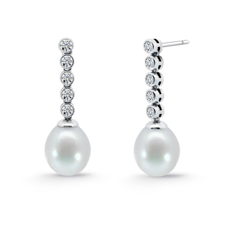 Pendientes Diamantes y Perla Serenidad Chatones 0.53 Oro Blanco - PENDIENTES