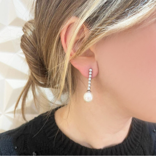 Pendientes Novia Perla y Diamantes Serenidad Chatones 0.75 Oro Blanco - Brincos de noiva 2