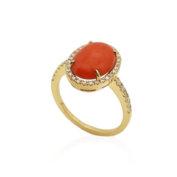 Coral Oval RED VELVET Ring 14X11MM - Yellow Gold Modern Rings