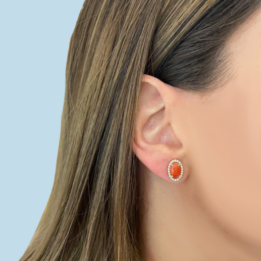 Coral Diamond Earrings RED VELVET 11X8MM - Red stones earrings 2