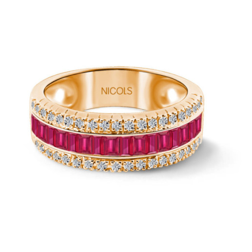 Anillo Rubíes y Diamantes Baguette Amelia 0.30 Oro Rosa - ANILLOS