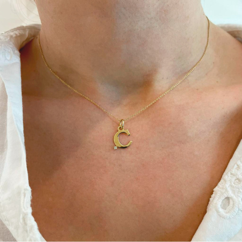 Erste Halskette C Dot Diamond - Anfangsgold-Diamantbuchstaben