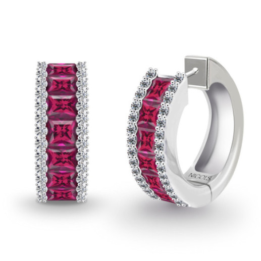 Pendientes Aro con  Zafiros Rojos y Diamantes Princess - Boucles d'oreilles autres pierres colorées