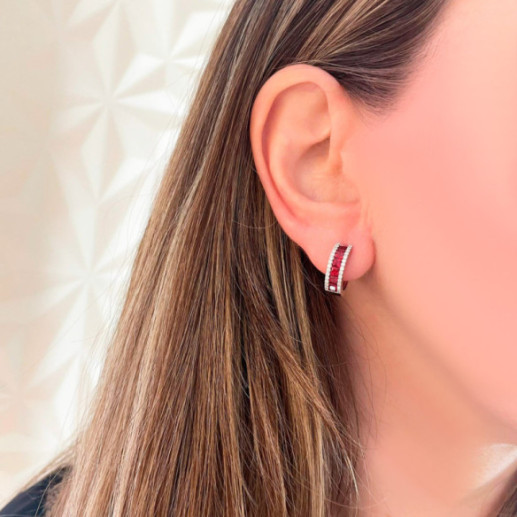 Pendientes Aro con  Zafiros Rojos y Diamantes Princess - Brincos Outras pedras coloridas 2