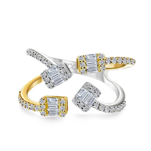 Yellow and white gold ring with double-arm diamonds Aura - Carving baguette