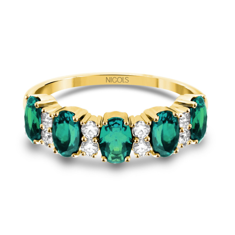 Anillo Oro Amarillo, Esmeraldas Ovales y Diamantes Riviere Royal - Ringe Farbsteine