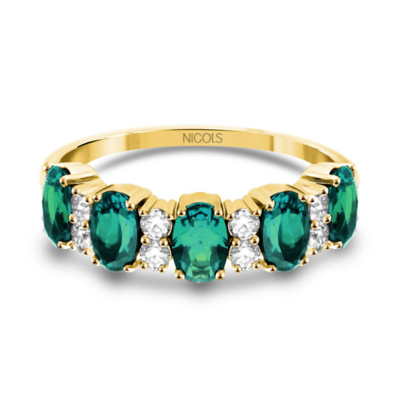 Anillo Oro Amarillo, Esmeraldas Ovales y Diamantes Riviere Royal - Ringe Farbsteine