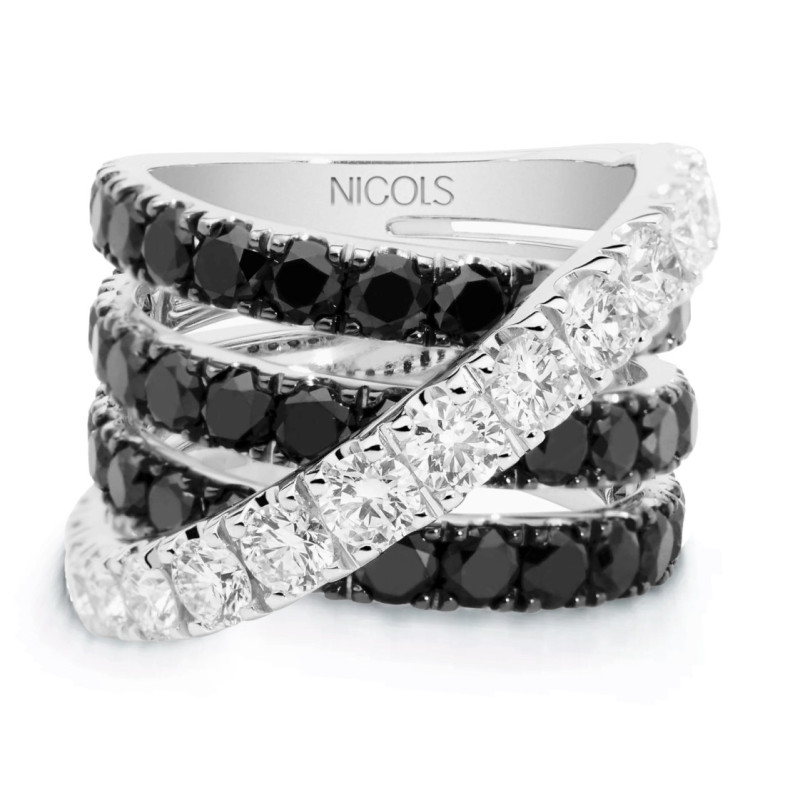 White gold crossover ring with white and black diamonds 99930720011 - High jewelry