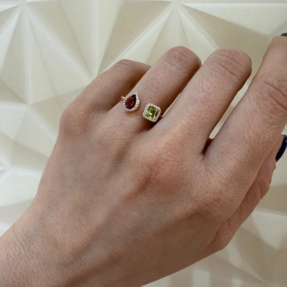 Anillo Diamantes Peridoto y Turmalina  Octopus Tu y Yo - Anillos Otras Piedras Preciosas