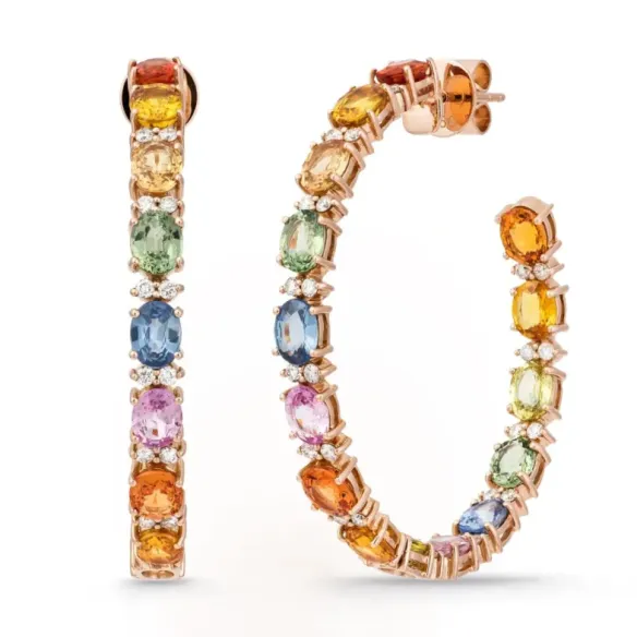Rainbow maxi hoop earrings in rose gold with sapphires and diamonds - Colored Gemstone Earrings
