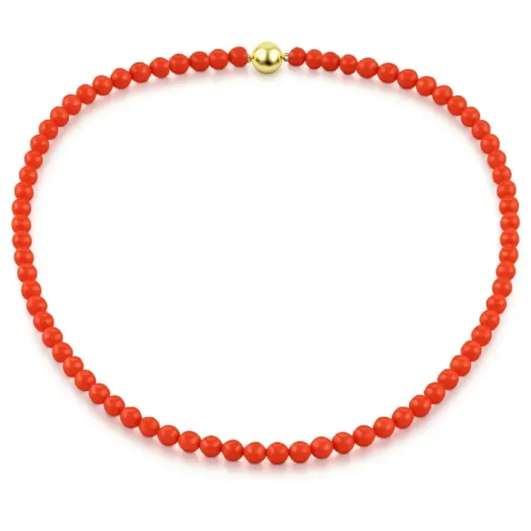 Natural coral and yellow gold ball necklace. - Red Stone Necklaces