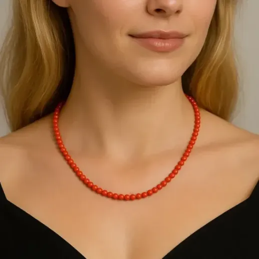 Collar  bolas coral natural y oro amarillo. - Collares de Piedras Rojas 2
