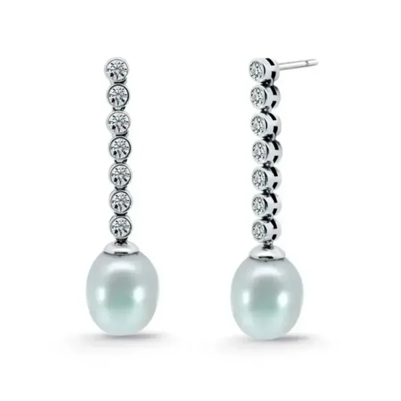 Pendientes Perla y Diamantes Serenidad Chatones 0.75 Oro Blanco - Brincos de pérolas