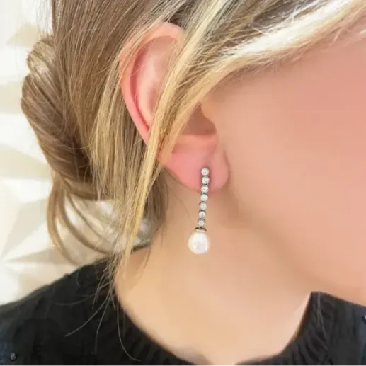 Pendientes Perla y Diamantes Serenidad Chatones 0.75 Oro Blanco - Brincos de pérolas 2