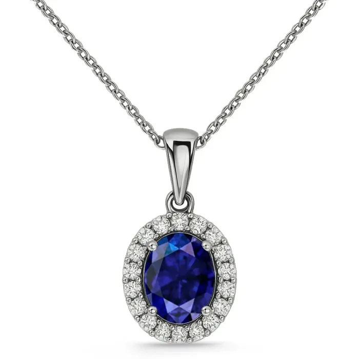 Colgante  Zafiro Oval 1,00 y orla de diamantes - Colliers de pierres bleues