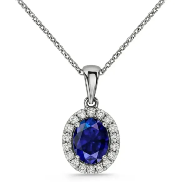 Oval Sapphire Pendant 1.00 and diamond border - Blue stones necklaces