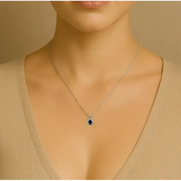 Oval Sapphire Pendant 1.00 and diamond border - Blue stones necklaces