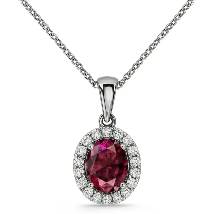 Oval Ruby Pendant 1.00 and diamond border - Red Stone Necklaces