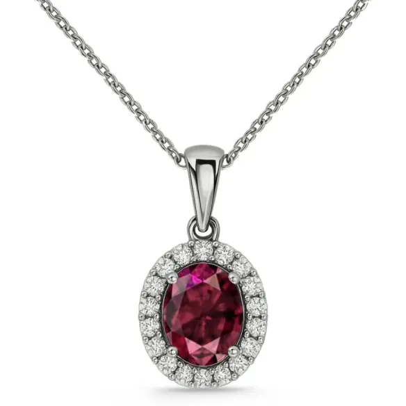 Colgante  Rubí Oval 1,00 y orla de diamantes - Collares de Piedras Rojas