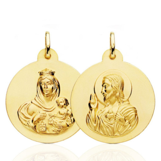 Escapulario 28mm Virgen del Carmen y Corazón de Jesús 18K - Médailles scapulaires