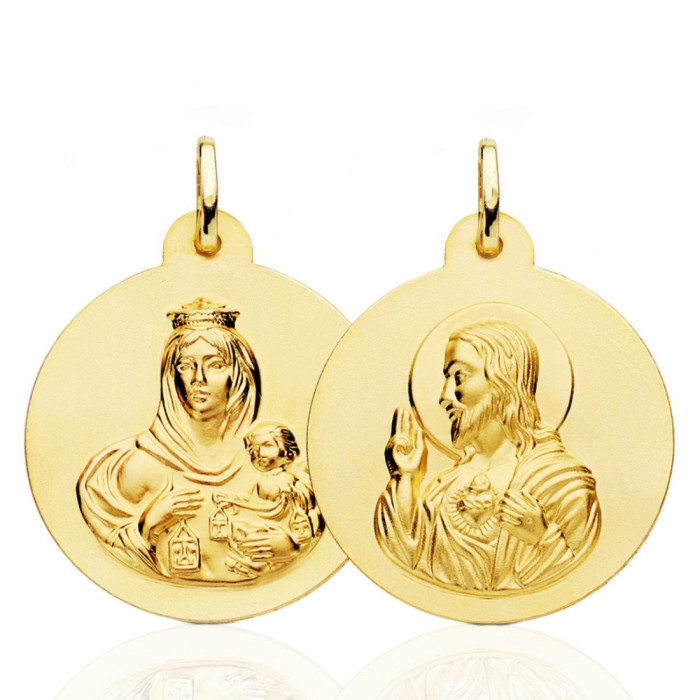 Escapulario 28mm Virgen del Carmen y Corazón de Jesús 18K - Medalhas escapulares