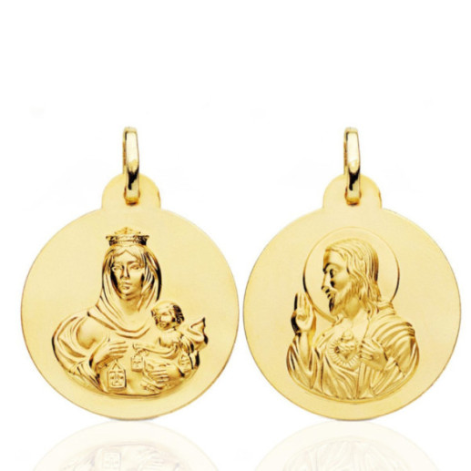 Escapulario 24mm Virgen del Carmen y Corazón de Jesús 18K - Medallas Escapularios