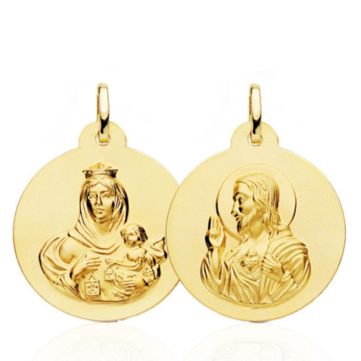 Escapulario 26mm Virgen del Carmen y Corazón de Jesús 18K - Medallas Escapularios
