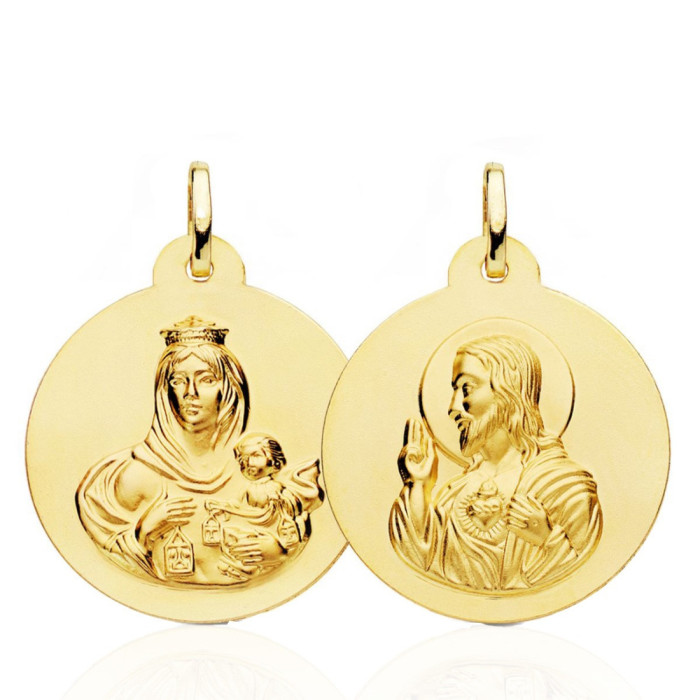 Escapulario 26mm Virgen del Carmen y Corazón de Jesús 18K - Médailles scapulaires