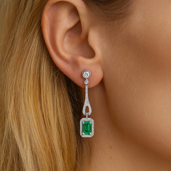 Pendiente Esmeralda Oro Blanco Diamantes Royal Jewels - Pendientes de Esmeraldas