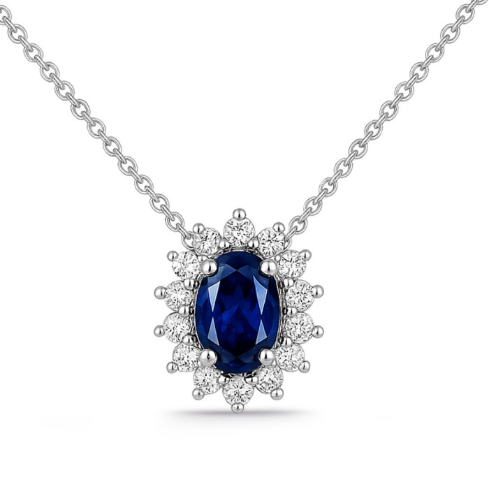 Dalia Oval Sapphire and Diamond Necklace in White Gold - Blue Stone Pendants