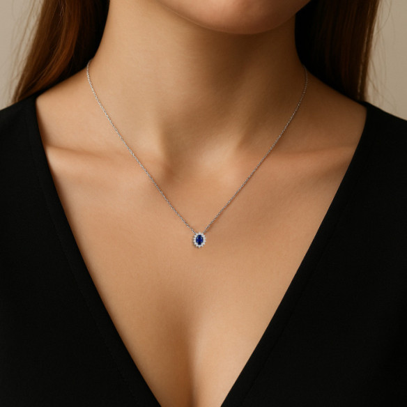 Dalia Oval Sapphire and Diamond Necklace in White Gold - Blue Stone Pendants
