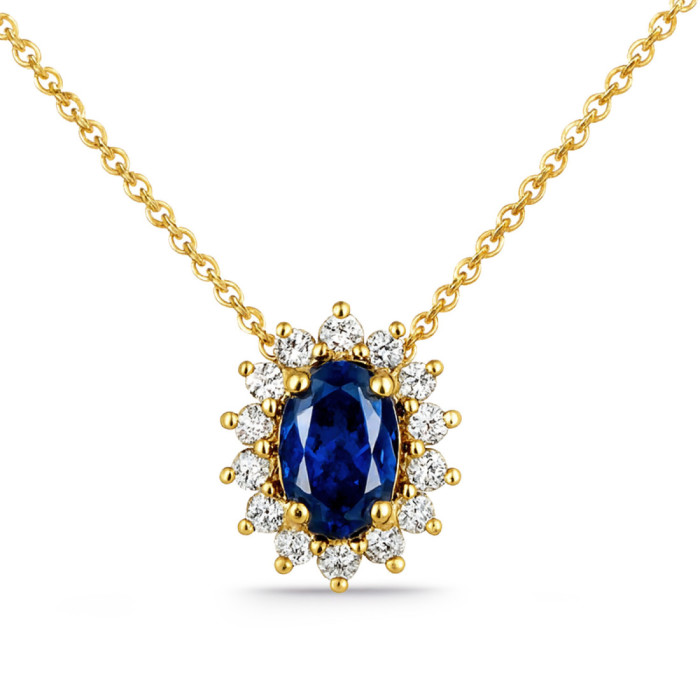 Oval Sapphire and Diamond Dalia Necklace in Yellow Gold - Blue Stone Pendants