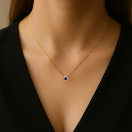 Oval Sapphire and Diamond Dalia Necklace in Yellow Gold - Blue Stone Pendants 2