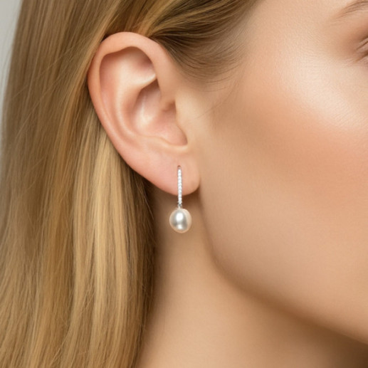 Pendientes Perla y Diamantes Oro Blanco Serenidad - Pendientes de Perlas 2