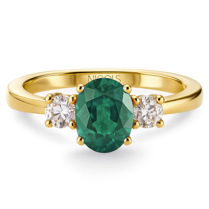 Anillo oro amarillo con esmeralda y brillantes tresillo Sunset Oval - Anillos de Esmeralda